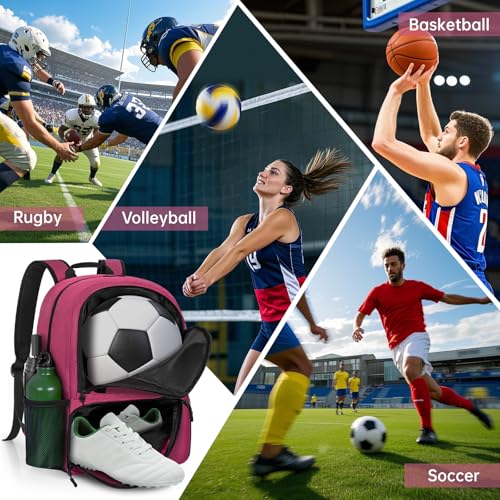 GMAK Soccer Backpack for Youth, Soccer Bag with Ball/Shoe Compartment for Football/Basketball/VB, Lightweight Training Pack - color: Pink