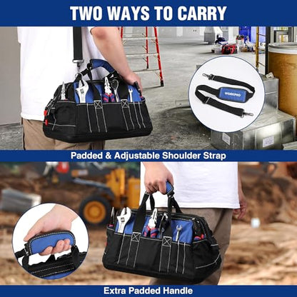 WORKPRO 16-inch Wide Mouth Tool Bag with Water Proof Molded Base | Heavy Duty Cloth Tool Storage Bag, Adjustable Shoulder Strap - color: Black&Blue