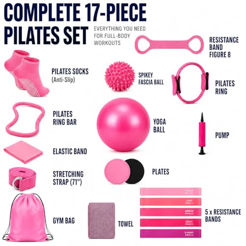 Pilates Kit for Women 17 Pieces – Premium Pilates Equipment Set with Magic Circle Ring, Yoga Ball, 5 Resistance Bands, Stretching Strap & More | Full Body Toning | Fitness Gift for Her