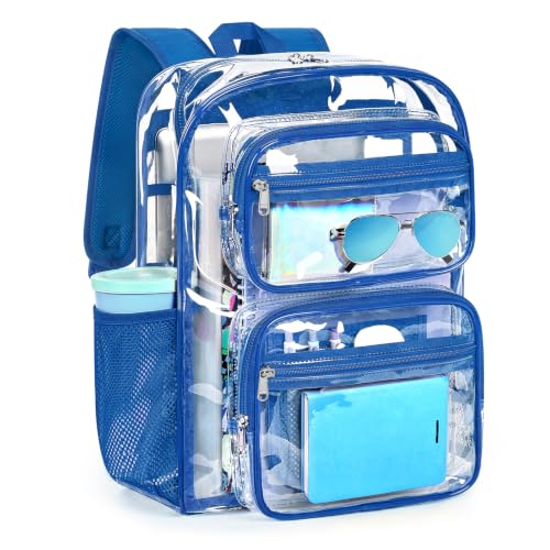 ZORFIN Heavy-Duty Clear Backpack for School and Work, Large Transparent Bag with Reinforced Straps - color: Blue, size: Large