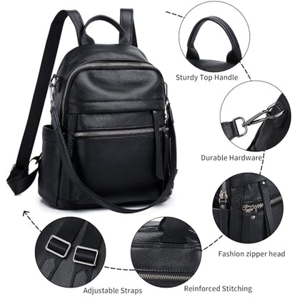Genuine Leather Backpack Purse For Women Black | Real Soft Leather, Convertible, Ladies Daypack Shoulder Bag - color: Black