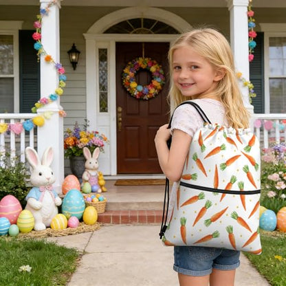 Easter Cartoon Carrots Drawstring Backpack, Waterproof Drawstring Bag for Gym Sports Easter Party Gift, Women Men Durable Sackpack Bag with Front Zipper Pocket and Inside Zipper Pocket - color: Easter Cartoon Carrots
