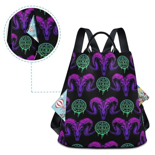 MNSRUU Women Backpack Purse Mystical Ram Skull Backpack for Women Anti-theft Shoulder Bag Carry On Backpack Lightweight Rucksack Fashion Travel Ladies Bags - color: Goth 18