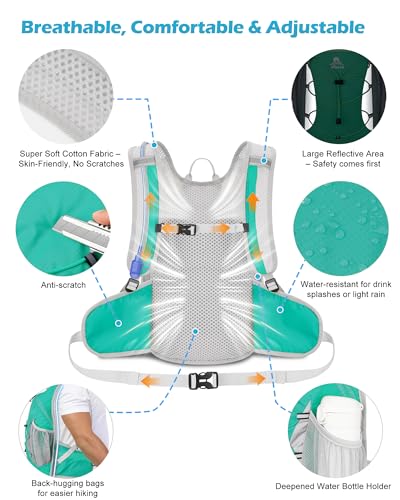Hydration Backpack with 2L Water Bladder - Lightweight 15L Daypack with Phone-Sized Hip Belt Pockets, Anti-Chafe Cotton Edging & No-Bounce Straps - Small Water Backpack for Hiking, Running, Skiing - color: Emerald green