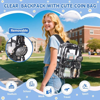Clear Backpacks for Stadium Events Heavy Duty Clear Bookbag for School Girls Transparent Back Pack, Black - color: Black Daisy