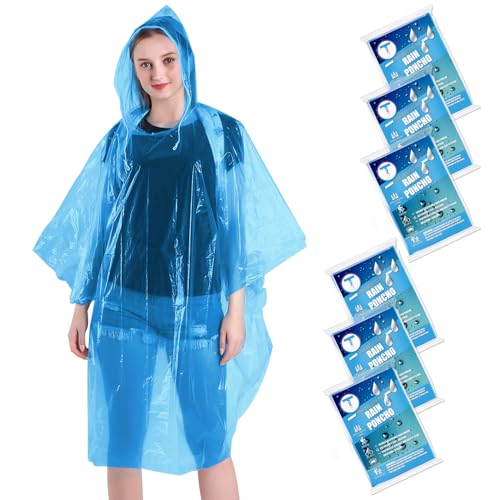 TUNCHMO Disposable Rain Ponchos 6 Pack for Adults/Kids/Family Set-50% Thicker Emergency Ponchos - color: Adults Blue 6 Pack