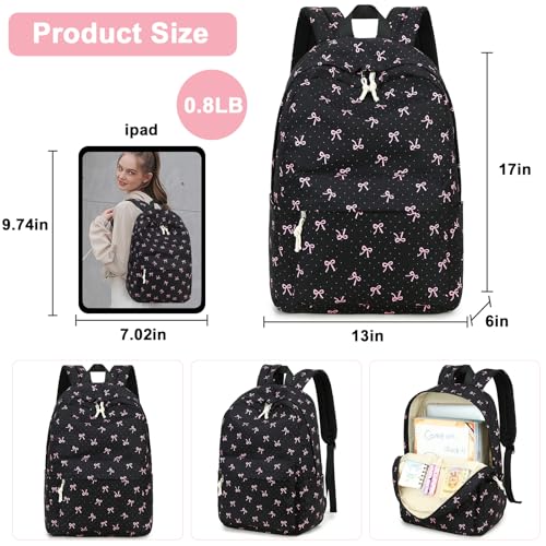 Bluboon School Backpack for Teen Girls Women Laptop Backpack College Bookbags Middle School Travel Work Commuter Back Pack - color: Pink Bow Black Background