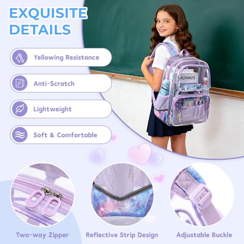 Sisipoet Clear Backpack for Girls with Starry Sky Print, Heavy Duty Transparent Bookbag for School, Stadium, and Concert, Purple - color: Purple/Starry