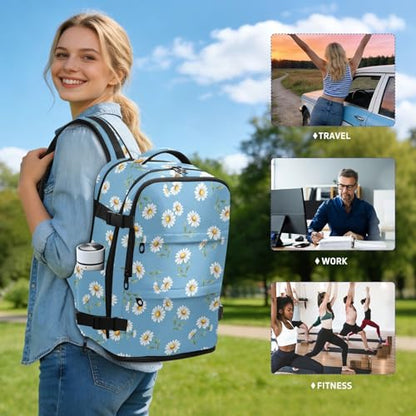 Travel Backpack with Shoe Compartment, 20L Large Capacity Laptop Backpack for Men Women, Daisies Blue Daypack for Traveling Hiking Carry On