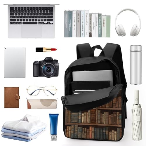 Library Bookshelf Book Backpack for Women Men, Durable 600D Polyester Bookbag with Large Capacity, Lightweight 17 Inch Laptop Backpack Minimalism Casual Daypack for Work, Travel