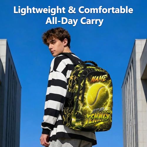 Custom Boys Backpack, Personalized Kids School Bag with Name - 17" Cool Tennis Bookbag for Elementary Middle Students, Reflective Ergonomic Design - color: Yellow