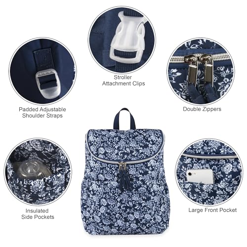 Multi-Function Floral Diaper Backpack and Travel Nappy Baby Bag with Changing Pad and Stroller Straps - color: Navy Blue Floral
