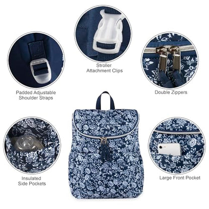 Multi-Function Floral Diaper Backpack and Travel Nappy Baby Bag with Changing Pad and Stroller Straps - color: Navy Blue Floral