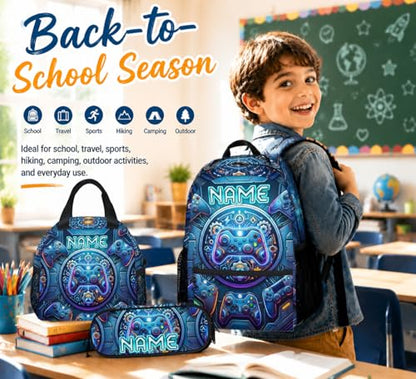 Personalized Backpack Set for Boys Gaming School Bag for Kids Teens Gamer - 17 Inch Large Capacity Custom Name Bookbag with Lunch Box for Elementary Middle School - color: Blue