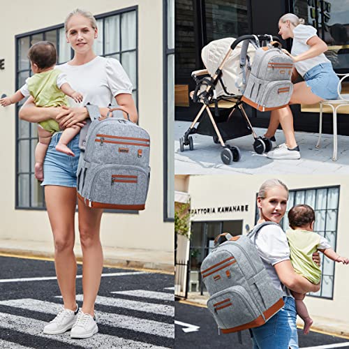 Diaper Bag Backpack, Large Baby Nappy Bags with Portable Changing Pad for Boys and GirlsMultifunction Travel Baby Bag for Moms Dads, Shower Gifts Waterproof and Stylish，Grey - color: Grey