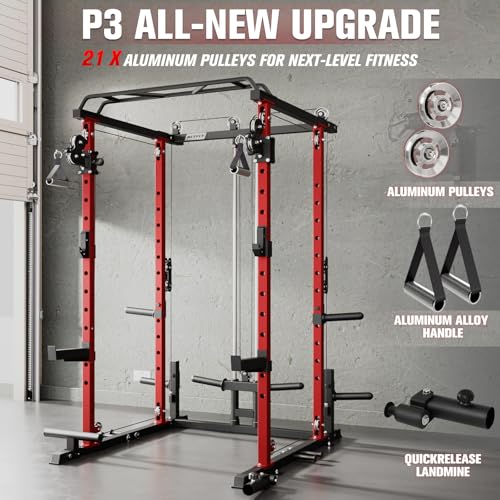 RitFit Multi-Function Garage & Home Gym Package Includes 1200LBS Power Cage PPC03/P3 with Cable Crossover System, Weight Bench, Olympic Barbell Weight Set, Full Body Workout - color: Red, style: Package 2.0K (with FBP 340lbs Plates)