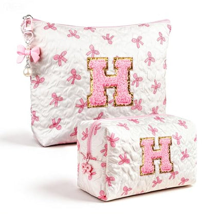 Initial Makeup Bag, Valentines Day Gifts for Women Teens Girls Birthday Gift Personalized Bow Cosmetic Bag, Quilted Cosmetic Travel Toiletry Pouch, Cute Makeup Organizer Teen Girl Gifts Trendy Stuff H - color: H