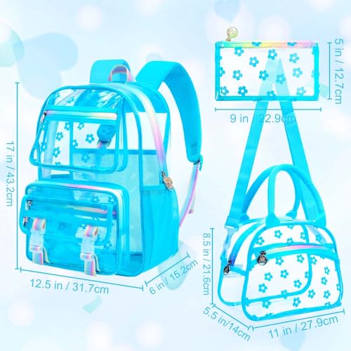 KLFVB Girls Clear Backpack Heavy Duty, 3PCS See Through School Bag Set, Cute Transparent Bookbag for Women - Plum Blossom Sky Blue - color: Plum Blossom Sky Blue Clear Backpack