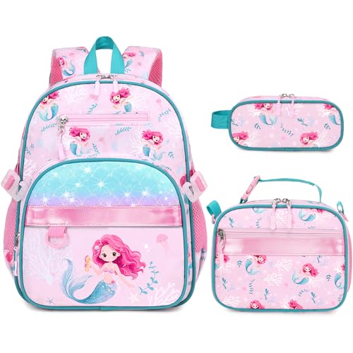 Toddler Backpack for Girls Ages 5-8, 3PCS Girls Backpack with Lunch Bag & Pencil Case - 15inch Kids School Bookbag for Preschool Kindergarten Elementary School (Mermaid) - color: Mermaid