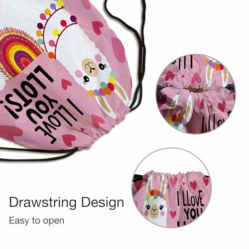 Drawstring Backpack Bag Sports Gym Sack Cute Alpaca Lettering I Llove Llots Pink Heart Background Shoe Bag for Women Men 14x16.9 Inch - color: Cute Alpaca