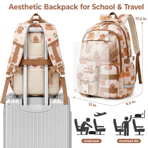WOBAGMEN Cute Capybara Backpack for Teen Girls, Large Capacity Multi-Pocket School Bag Fits 15.6" Laptop, Lightweight Durable Daypack for School and Travel (Capybara, M) - color: Capybara
