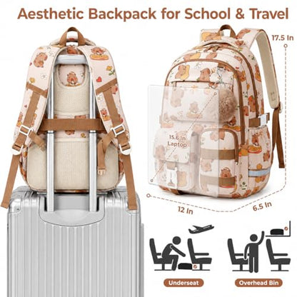 WOBAGMEN Cute Capybara Backpack for Teen Girls, Large Capacity Multi-Pocket School Bag Fits 15.6" Laptop, Lightweight Durable Daypack for School and Travel (Capybara, M) - color: Capybara