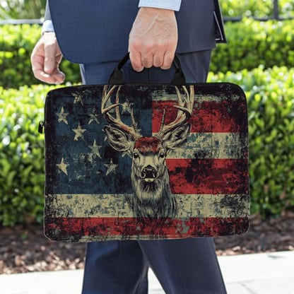 15-Inch Laptop Sleeve – Stylish, Lightweight, Shockproof, Water-Resistant Case for Lenovo, HP, Dell, Asus Notebooks - American Flag Deer - color: American Flag Deer