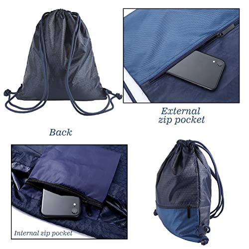 Drawstring Backpack Bag, Waterproof Draw String Back Sack with Zip Pocket, Gym Drawstring Bags Swim Bag for Men Women - color: Navy Blue, Upgraded