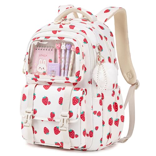 Girls Backpack, Kawaii Kids Backpacks for Girls Multiple Pockets School Bookbag for Primary Elementary School - color: White Strawberry