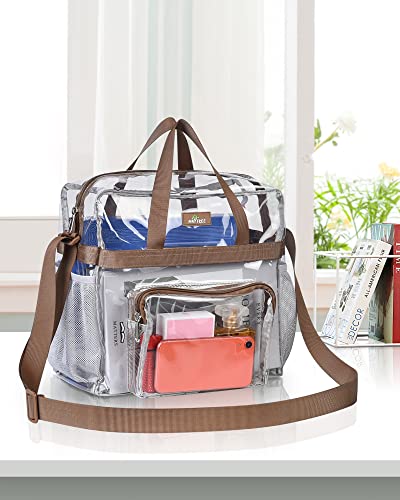 MAY TREE Clear Vinyl Tote Bag, 12 x 6 x 12 in, Brown, Suitable for Work, Travel, Sports, Office - color: Brown