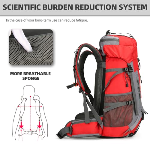 King'sGuard 60L Hiking Backpack for Men and Women Lightweight Camping Hiking Backpack with Rain Cover Large Waterproof Travel Backpack Backpacking Pack (Red) - color: Red