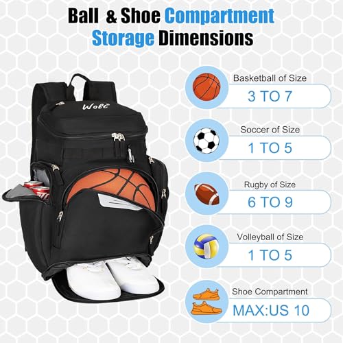 WOLT Basketball Backpack, Basketball Bag for Men with Shoes Compartment, Sports Backpack for Baseball, Soccer, Football - color: Black