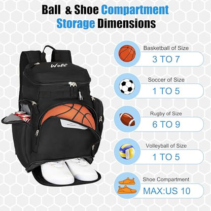WOLT Basketball Backpack, Basketball Bag for Men with Shoes Compartment, Sports Backpack for Baseball, Soccer, Football - color: Black