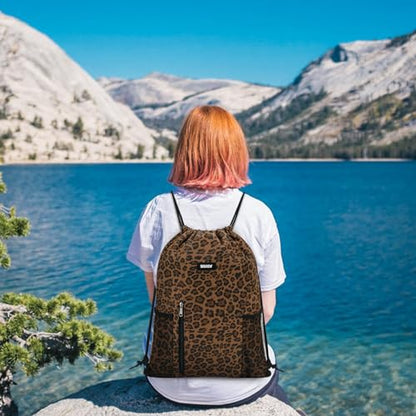 WANDF Drawstring Backpack Sports Gym Sackpack with Mesh Pockets Water Resistant String Bag for Women Men (Brown Leopard) - color: Brown Leopard
