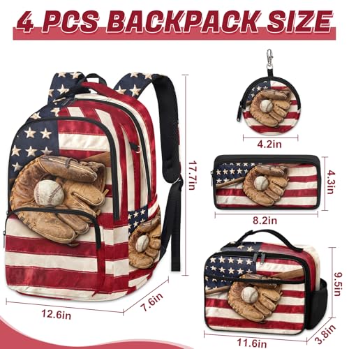 Baseball Backpack Set for Boys, Kids Retro USA Flag Backpack for School with Lunch Box and Pencil Case Coin Purse, School Bookbag for Boys - color: Retro Baseball