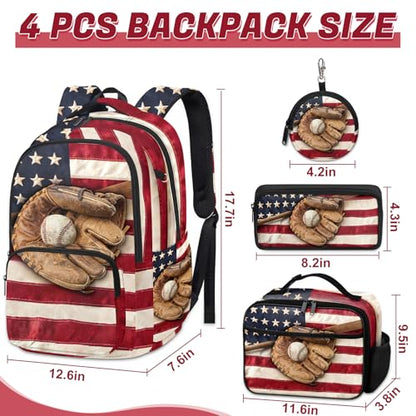 Baseball Backpack Set for Boys, Kids Retro USA Flag Backpack for School with Lunch Box and Pencil Case Coin Purse, School Bookbag for Boys - color: Retro Baseball