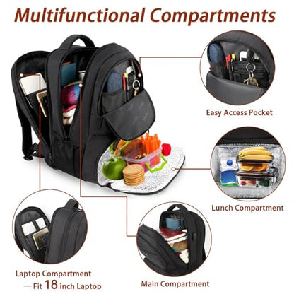 MATEIN 18 Inch Large Laptop backpack, Insulated Lunch Backpack for Men - color: Black, size: 18 Inch