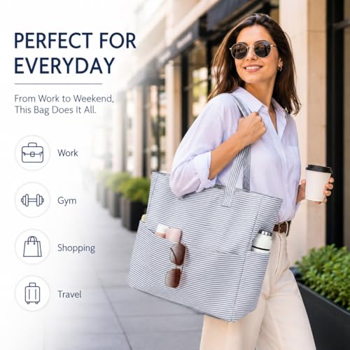 LEDAOU Beach Bag Waterproof Sandproof Women Beach Tote Pool Bag with Zipper for Swim Gym Grocery Travel with Wet Pocket | Sandproof - color: Light Gray White Stripes