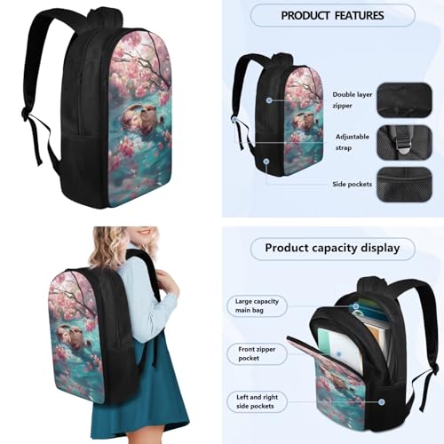 Flashideas Cherry Blossom Otter Backpack for Girls Kids Backpack with Lunch Box Stainless Steel Water Bottle and Water Bottle Holder 4Pcs Set 17" Bookbag with Compartments for School Sturdy School Bag - color: Cherry Blossom Otter