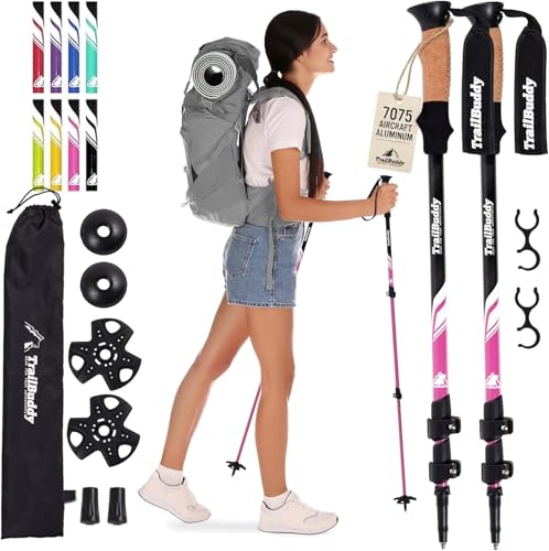 TrailBuddy Trekking Poles – Lightweight 7075 Aluminum Hiking Poles for Women, Men & Seniors – Collapsible Walking Sticks for Travel, Trails & Balance - color: Berry Pink, size: Collapsible