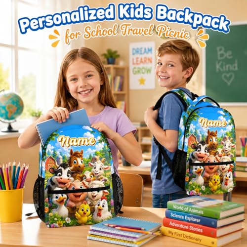 Custom Backpack for Kids Toddlers School Personalized Farm Animal Bookbag for Boys Girls, Funny Cute Schoolbag for Kindergarten Preschool Elementary - color: Green
