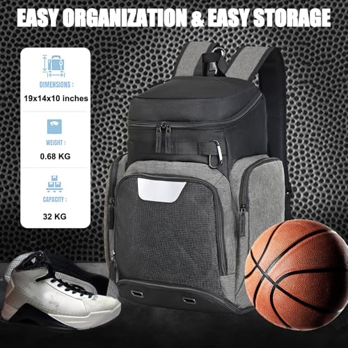 LARIPOP Basketball Backpack with Ball & Ventilated Shoe Compartment Insulated Pockets for Men Training - color: Light grey