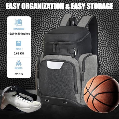 LARIPOP Basketball Backpack with Ball & Ventilated Shoe Compartment Insulated Pockets for Men Training - color: Light grey