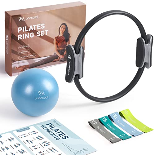 LIONSCOOL Pilates Ring Set – 14" Anti-Deformation Magic Circle with Padded Handles, Mini Ball, Resistance Bands, Guide & Bag - color: Black