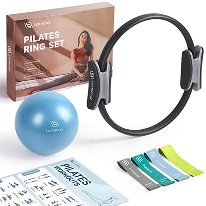 LIONSCOOL Pilates Ring Set – 14" Anti-Deformation Magic Circle with Padded Handles, Mini Ball, Resistance Bands, Guide & Bag - color: Black