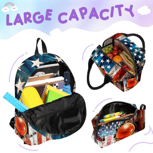 3PCS Backpack for Girls Boys,Teens Flag Basketball Back to School Backpack with Lunch Box Pencil Case, 17 Inch Lightweight Students Backpack 3 in 1 Set for Elementary Middle High School - color: American Flag Basketball