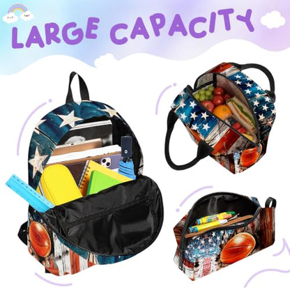 3PCS Backpack for Girls Boys,Teens Flag Basketball Back to School Backpack with Lunch Box Pencil Case, 17 Inch Lightweight Students Backpack 3 in 1 Set for Elementary Middle High School - color: American Flag Basketball