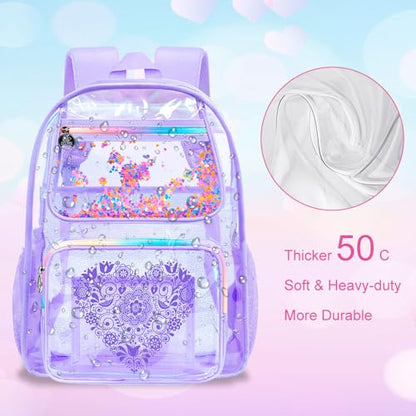 gxtvo 3PCS Clear Backpack, Women’s Sequins Transparent Bookbag Set, Cute Heavy Duty See-Through School Bag for Teens and Elementary Students – Flower Purple Love - color: Flower Purple Love Clear Backpack Set