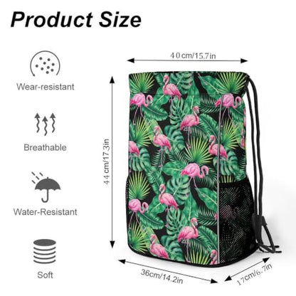 Tropical Flamingos Drawstring Backpack Gym Bag With Shoe Compartment String Bag Sport Beach Swimming Sackpack For Women Men - color: Tropical Flamingos