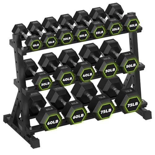 HANDBODE 3-Tier Dumbbell Rack Stand, 1000LB Capacity Storage Rack, Weight Rack for Dumbbells, Kettlebell, 390–700 lb Rubber Coated Fixed Weight Sets, Home Gym Strength Training Equipment - color: 630 lb Set (15-75 lb) *2 & Rack